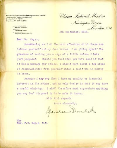 Letter from Marshall Broomhall to F.B. Meyer
